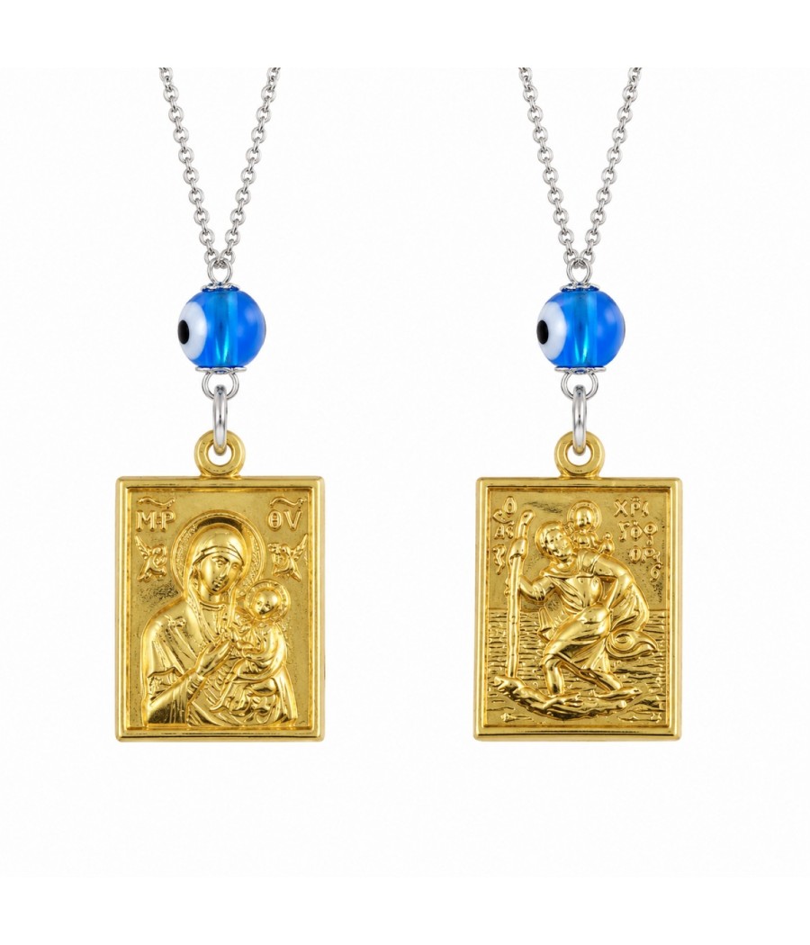 Saint Christopher Gold Plated Sterling Silver Double-Sided Pendant with Virgin Mary & Evil Eye Charm