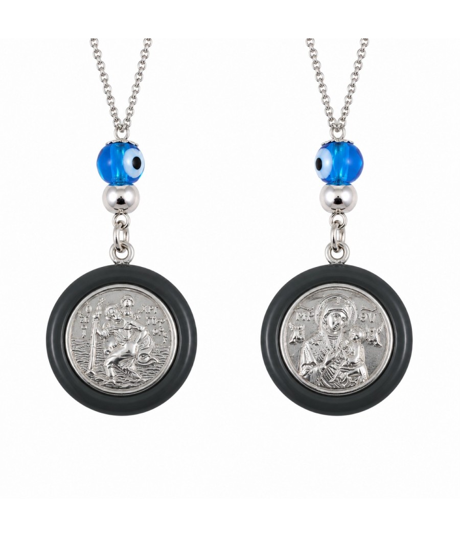 Saint Christopher Double-Sided Sterling Silver Pendant with Virgin Mary & Evil Eye Charm