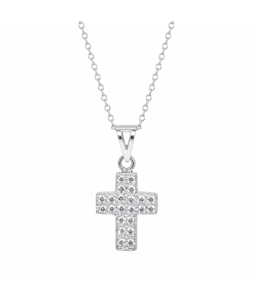 14K White Gold Cross Necklace with White Zirconia and 45cm Chain