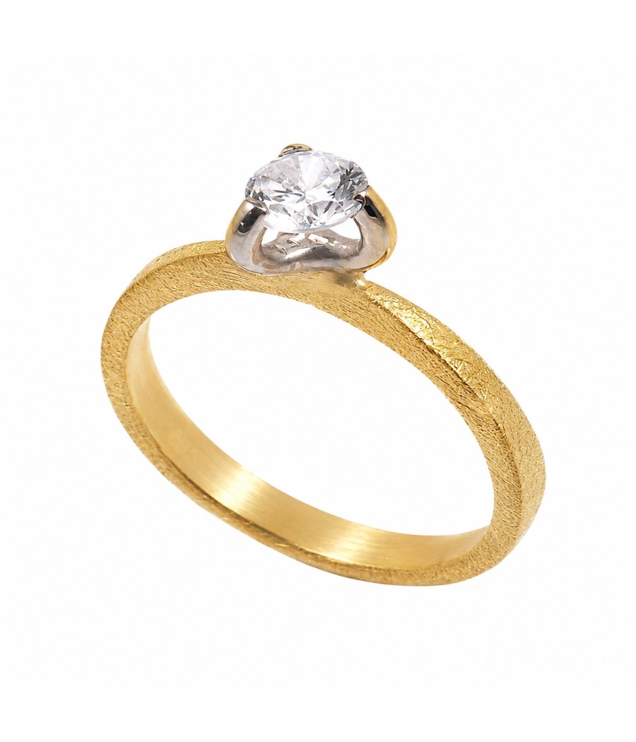 Handmade 14K Satin Gold Solitaire Ring with White Zirconia
