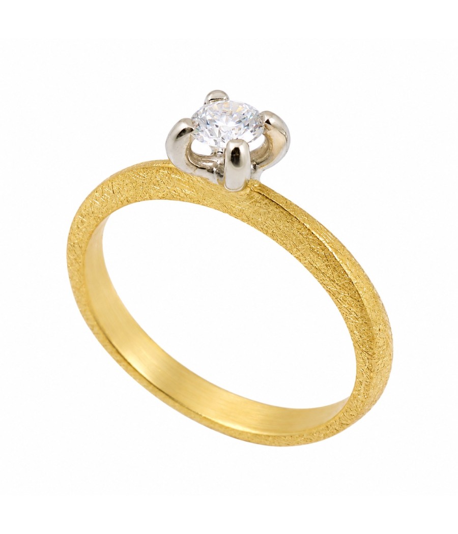 Handmade 14K Satin Gold Solitaire Ring with White Zirconia