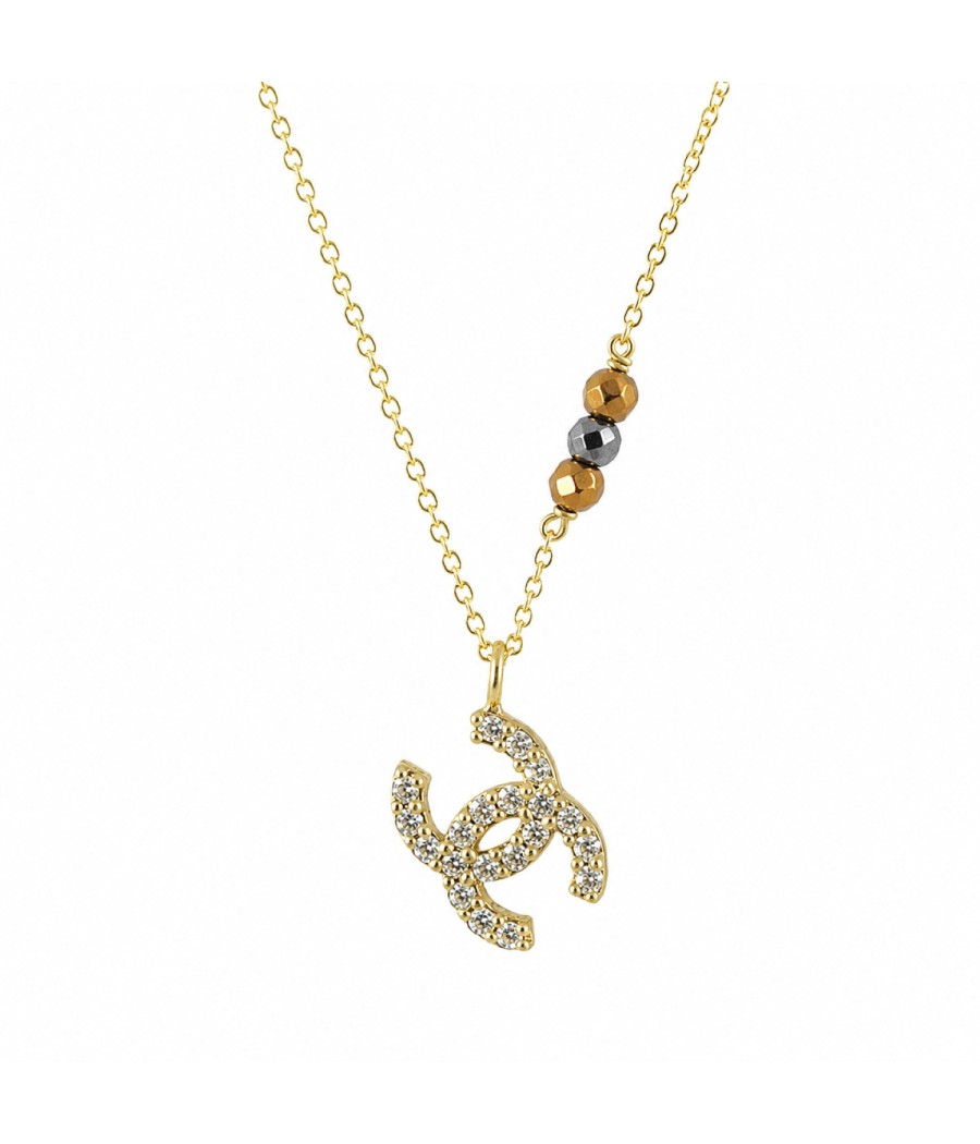 14K gold necklace with double curve pendant and natural white zircon stones