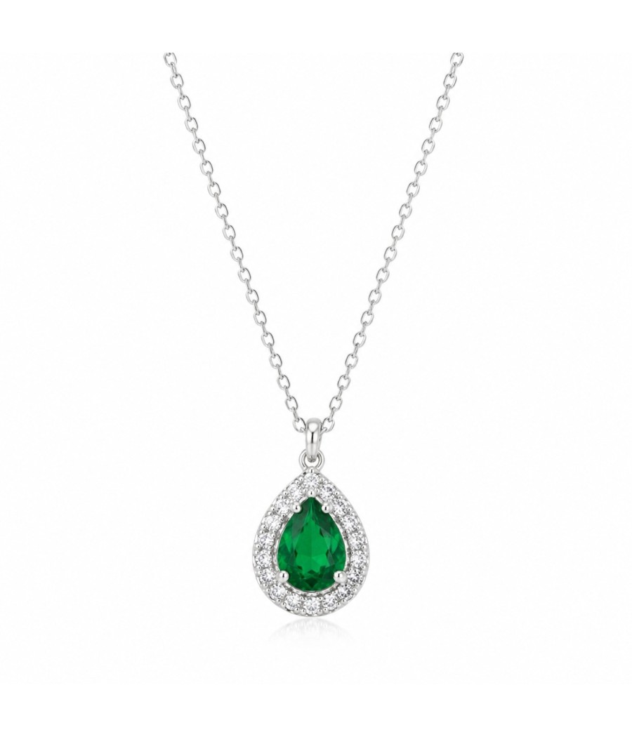 14K white gold teardrop halo necklace with white zircon stones and emerald center stone