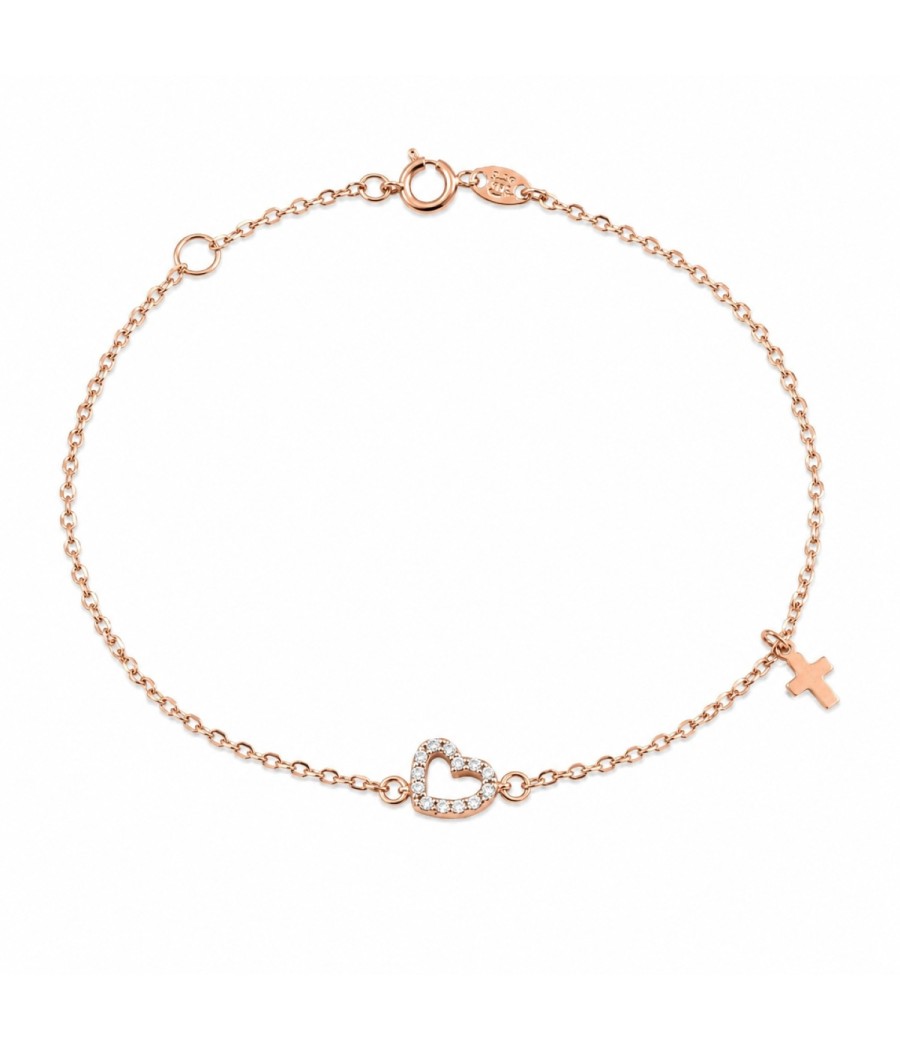 14K rose gold bracelet with heart, cross and natural white zircon stones