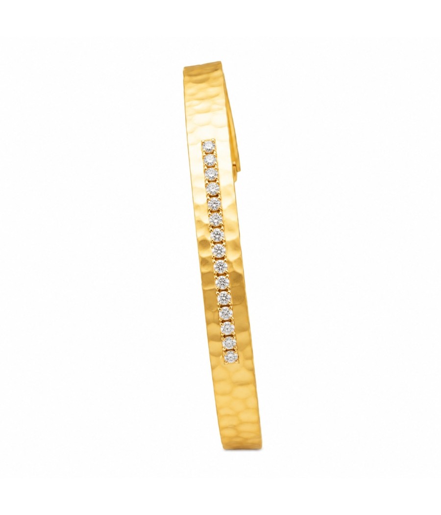 14K Gold Hammered Satin Cuff Bracelet with White Zircons
