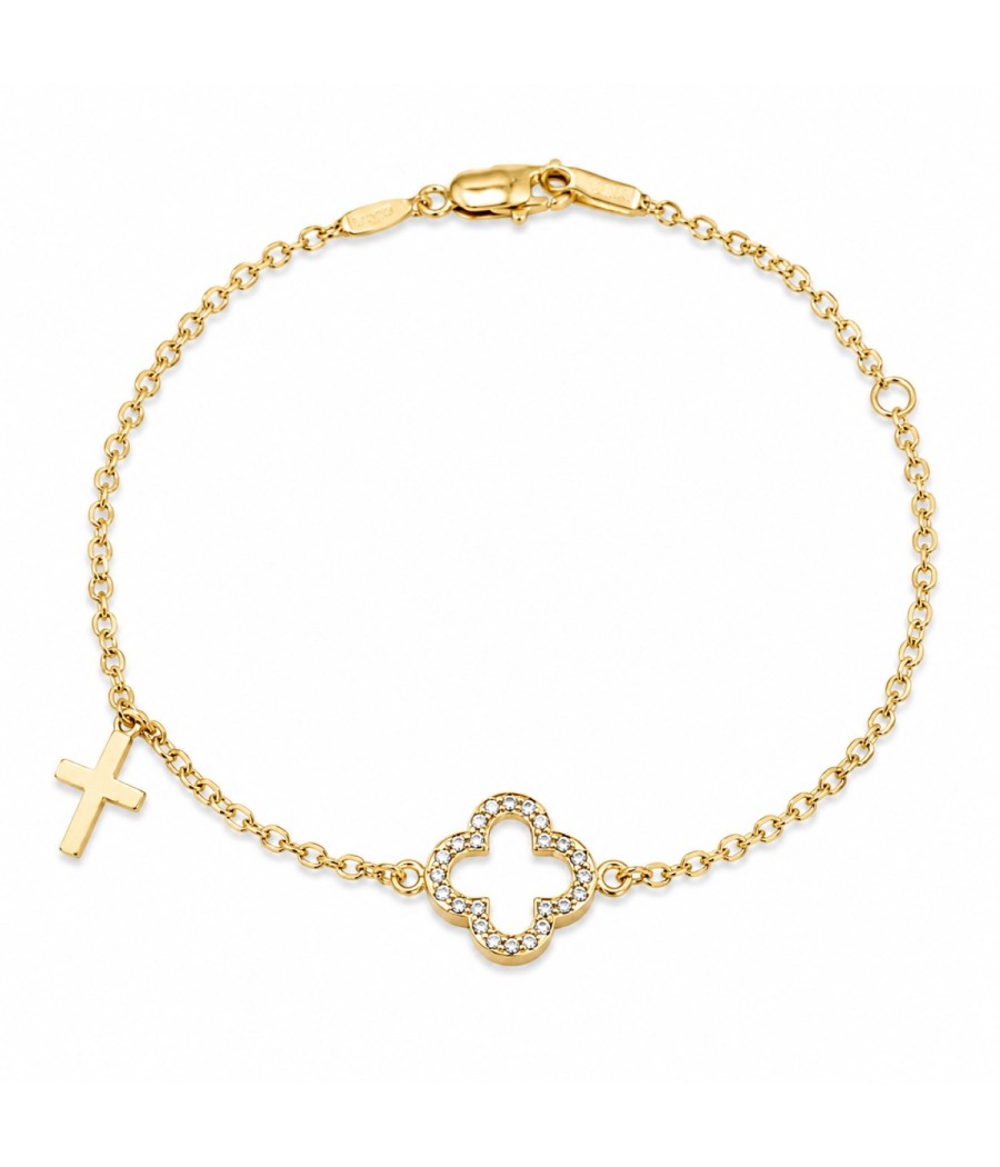 14K Gold Bracelet with Cross, Mother of Pearl and White Zircons