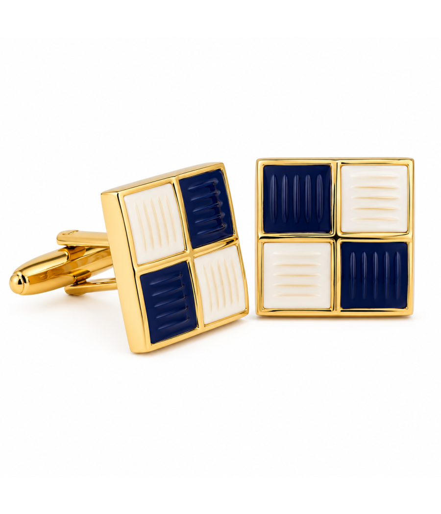 Men’s Gold Stainless Steel Cufflinks with Checkered Flag Design