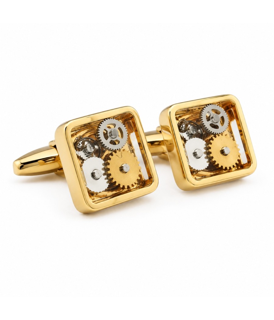 Men’s Gold Stainless Steel Cufflinks with Mechanical Design