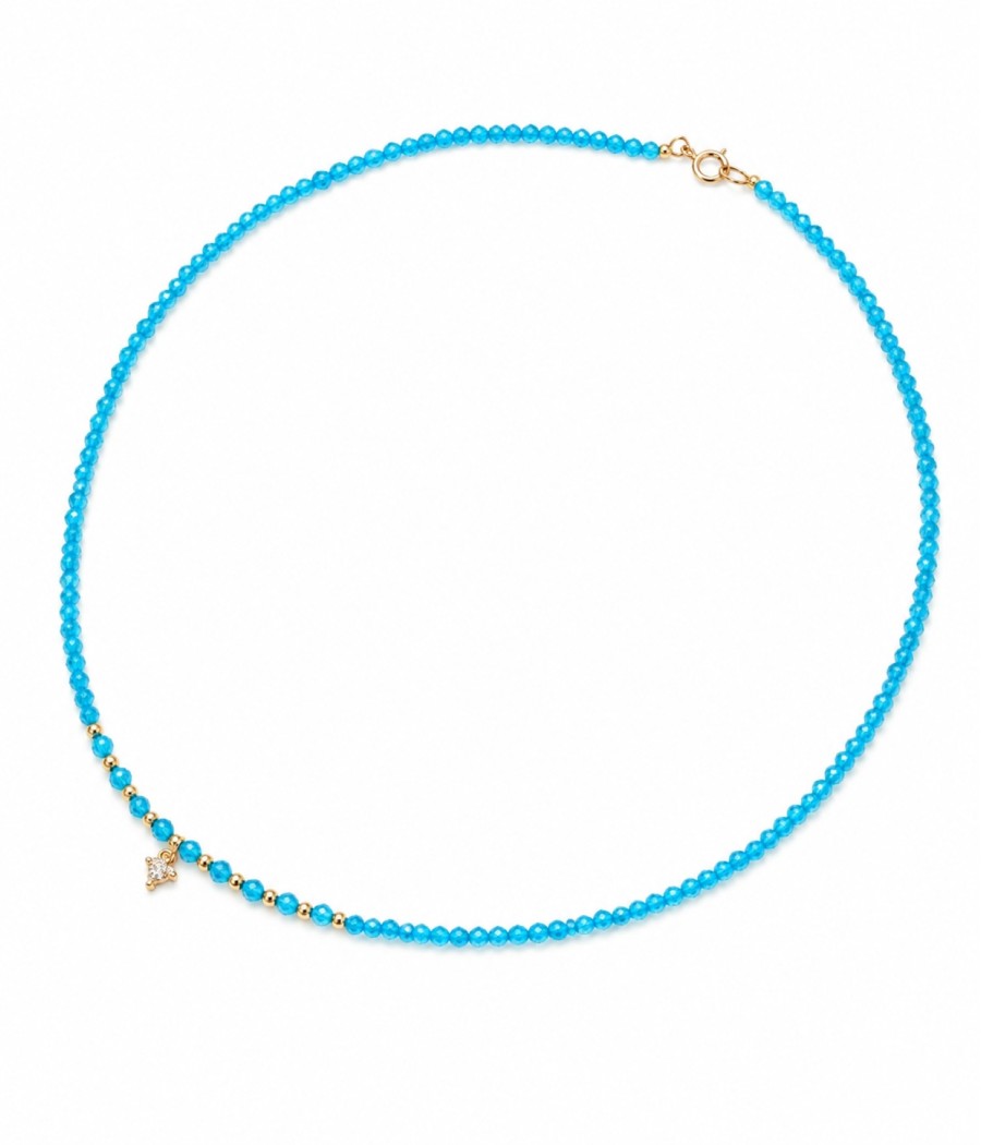 Κολιέ με Baby Blue Αχάτη και Χρυσό Σταυρό Κ14 με Ζιρκόν