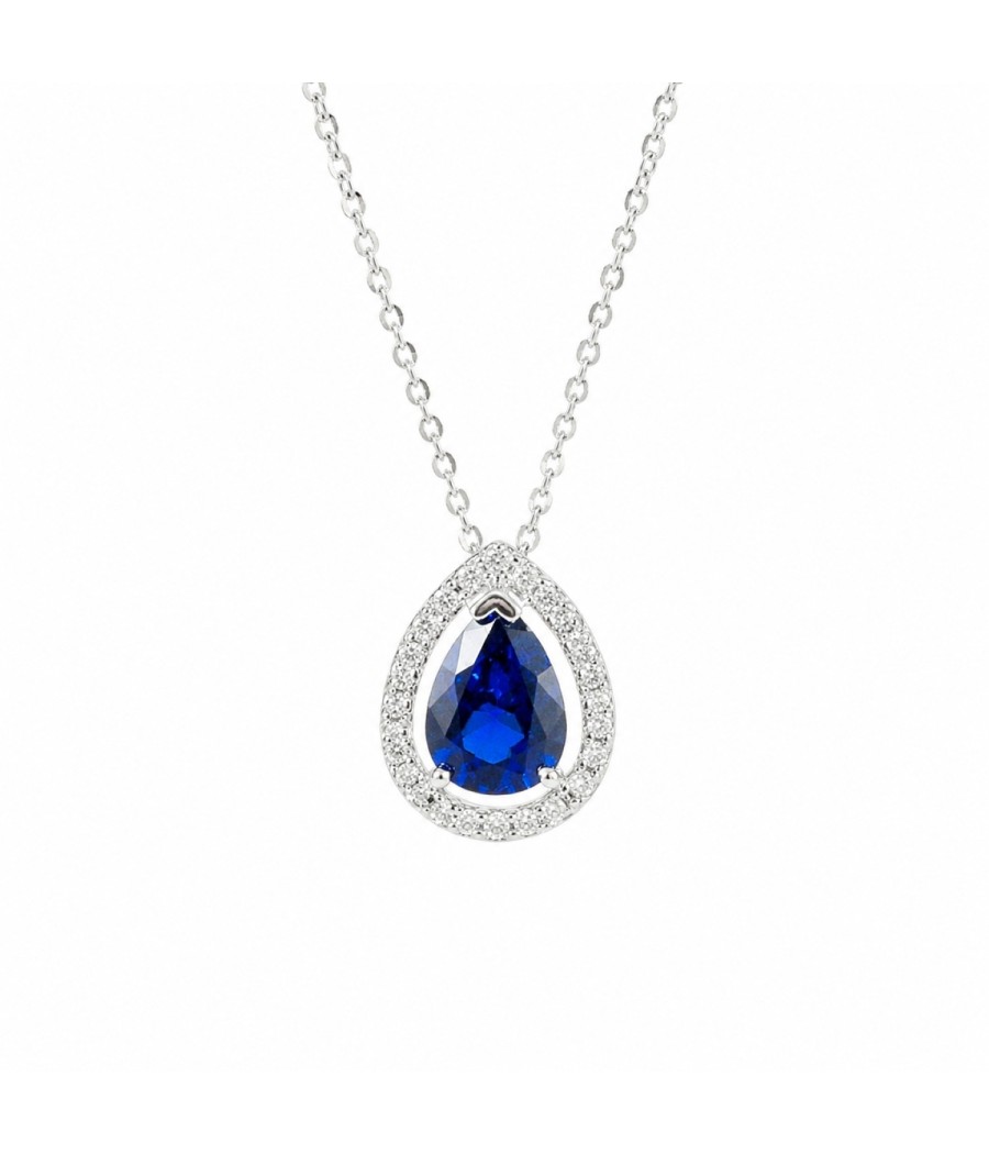 White Gold K14 Necklace with Pear-Shaped Sapphire Color Zircon Halo