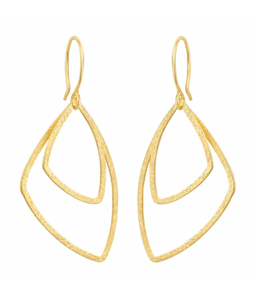 Handmade 14K satin gold leaf drop earrings with an open contemporary design
