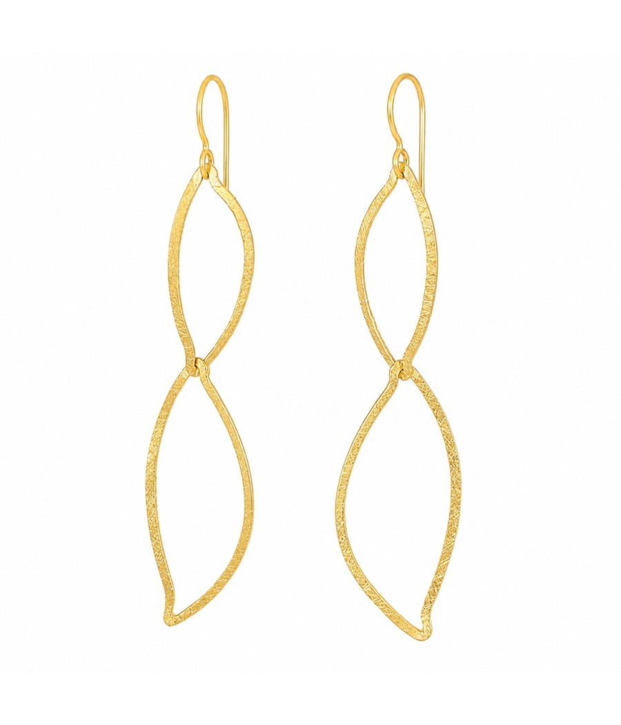 Handmade 14K satin gold leaf drop earrings with an elongated open design