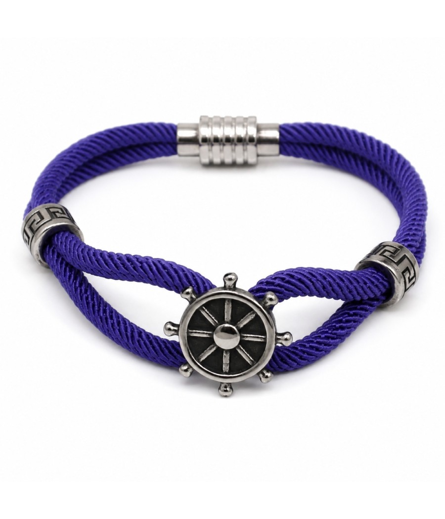 Men's Nautical Wheel Bracelet in Stainless Steel with Blue Braided Cord
