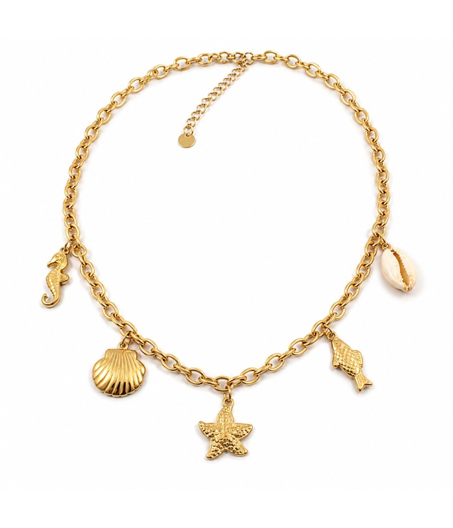 Gold Plated Stainless Steel Summer Charm Necklace with Sea Motifs