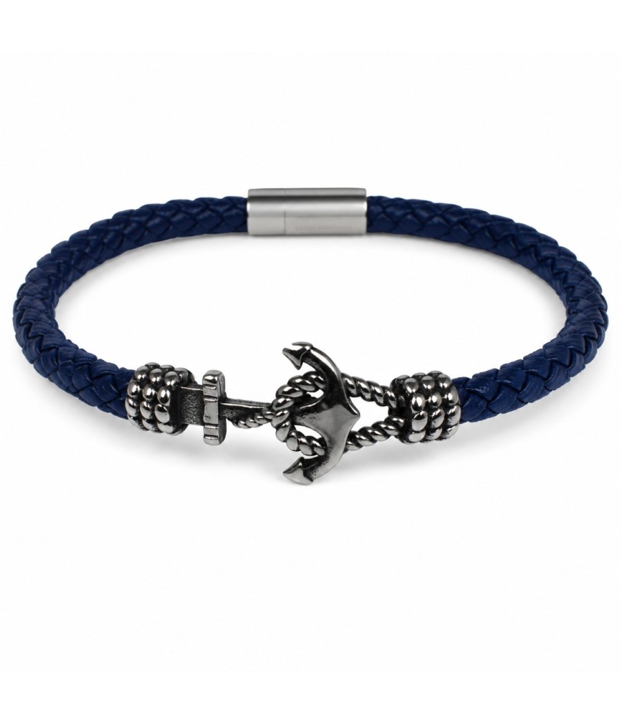 Men's Anchor Bracelet with Blue Braided Leather Cord and Stainless Steel