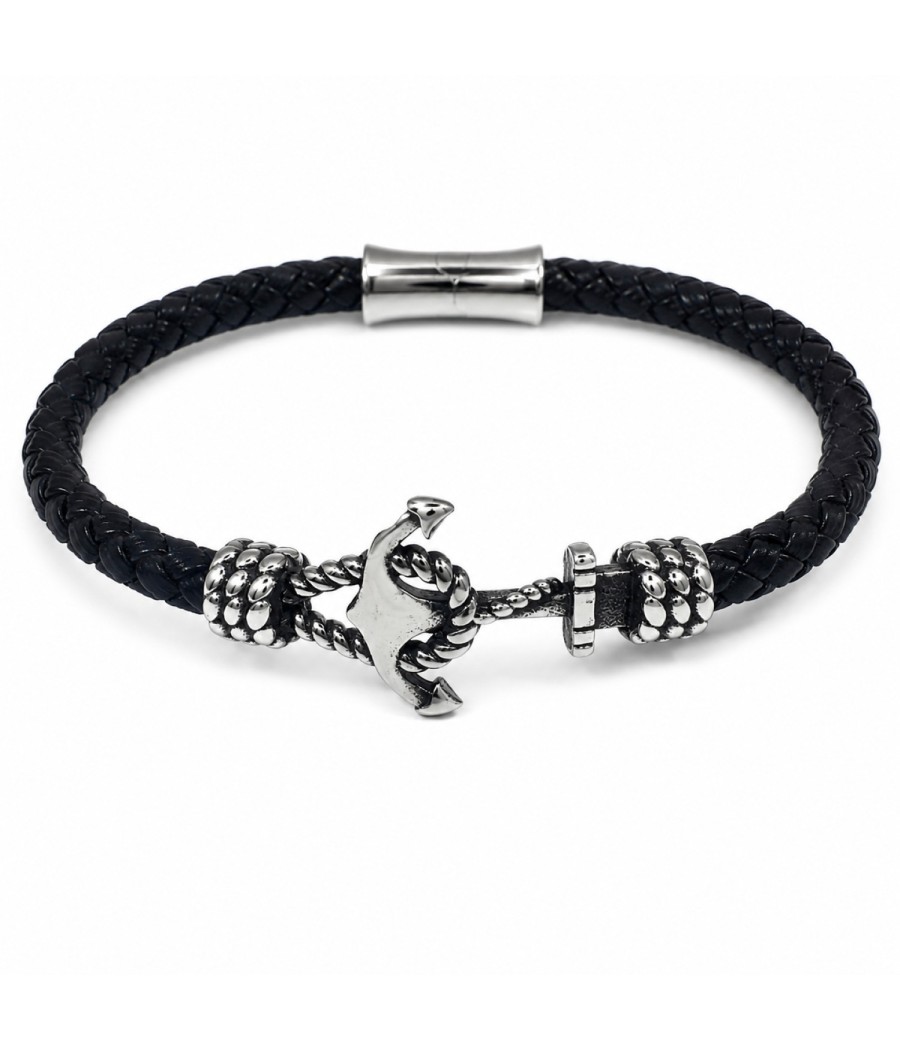 Men's Anchor Bracelet with Black Braided Leather Cord and Stainless Steel
