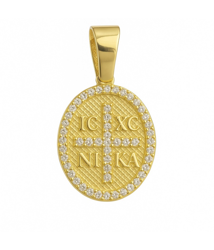 14K Gold Oval Constantinato Pendant with White Zircon Stones