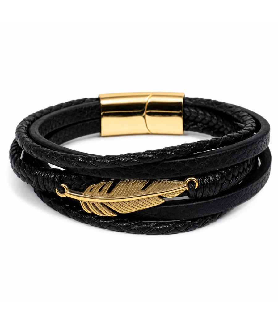 Men's Black Leather Bracelet with Gold-Tone Feather and Stainless Steel Details