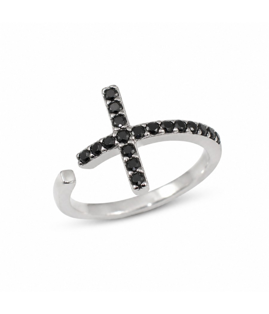 Sterling silver 925 chevalier ring with cross design and black zirconia stones adjustable size