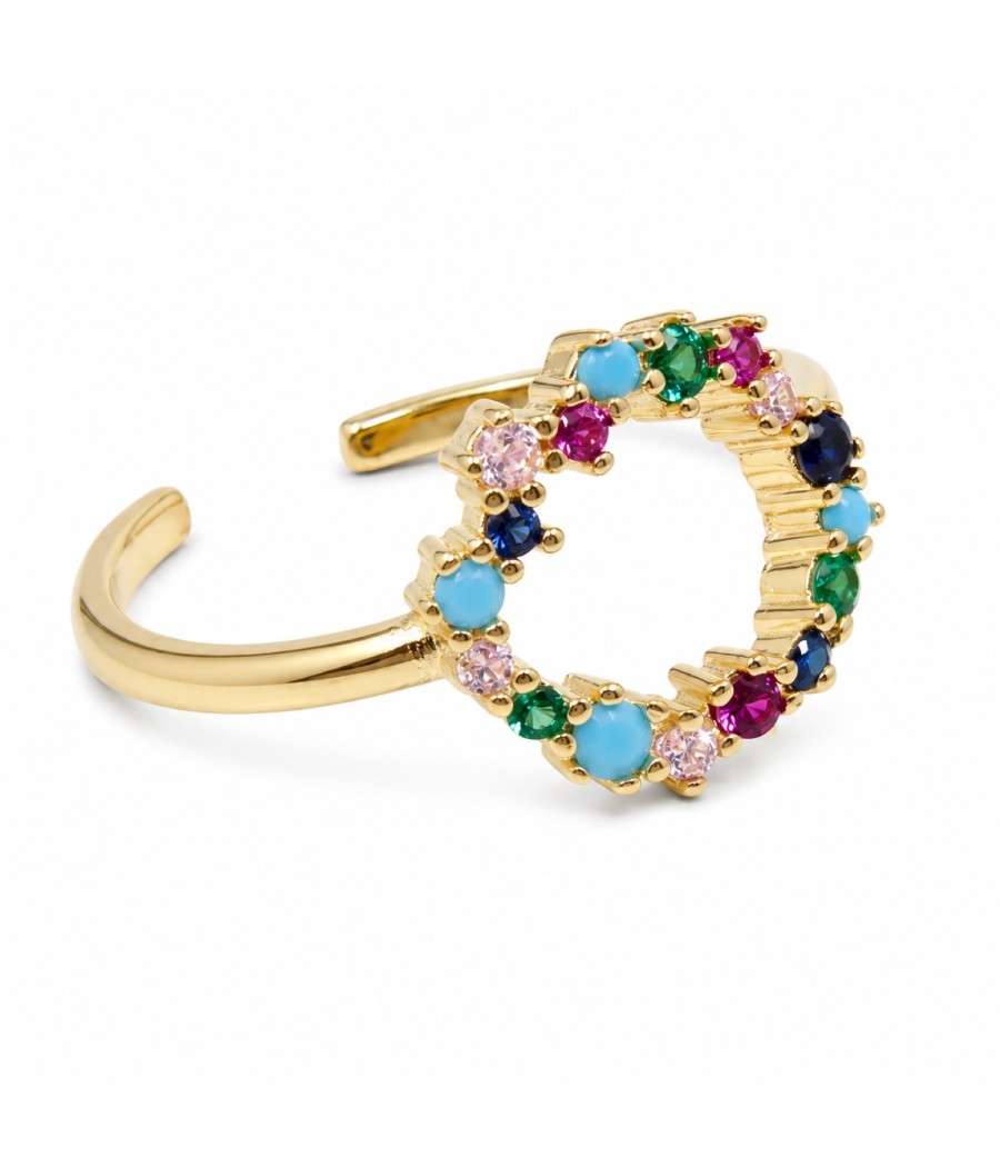 Gold plated sterling silver ring with round head and multicolored natural zirconia adjustable size