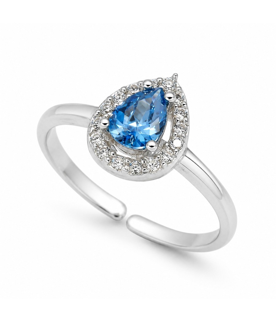 Sterling silver pear shape halo ring with aquamarine center zircon and white zirconia stones