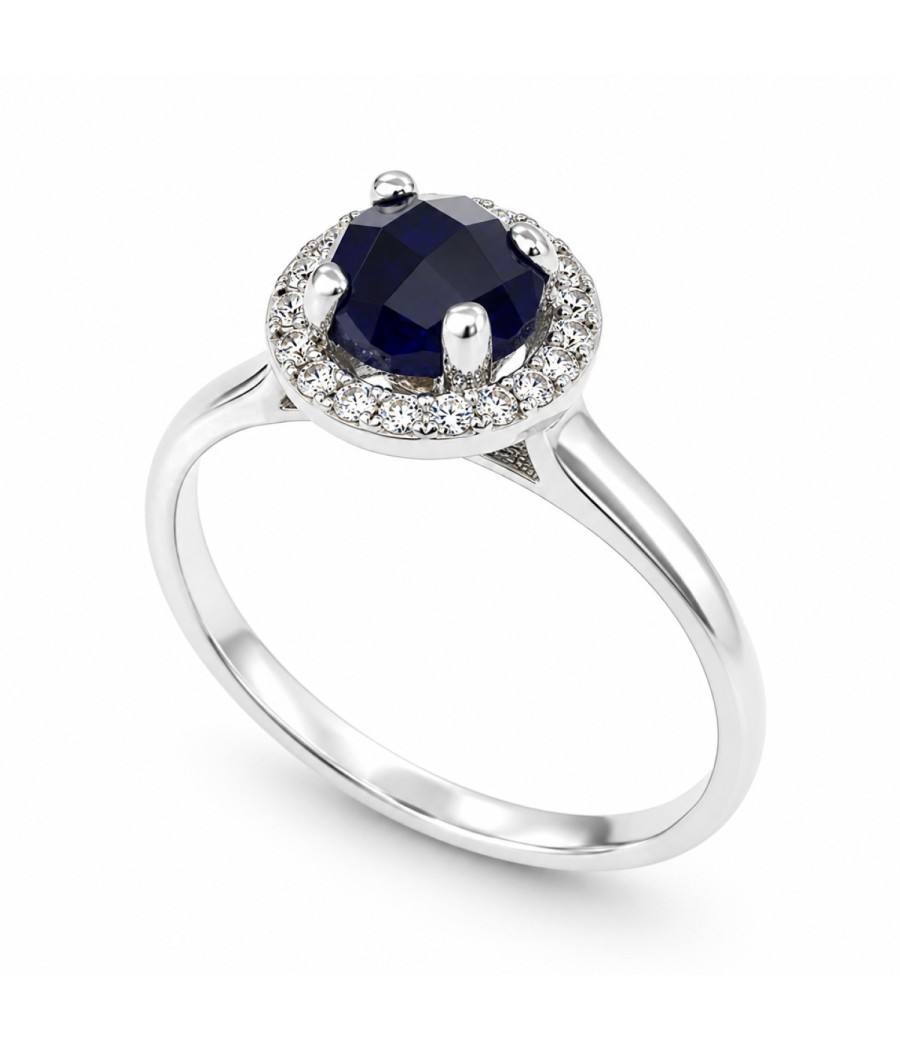 14K White Gold Halo Ring with Sapphire Color Zircon and White Zircons
