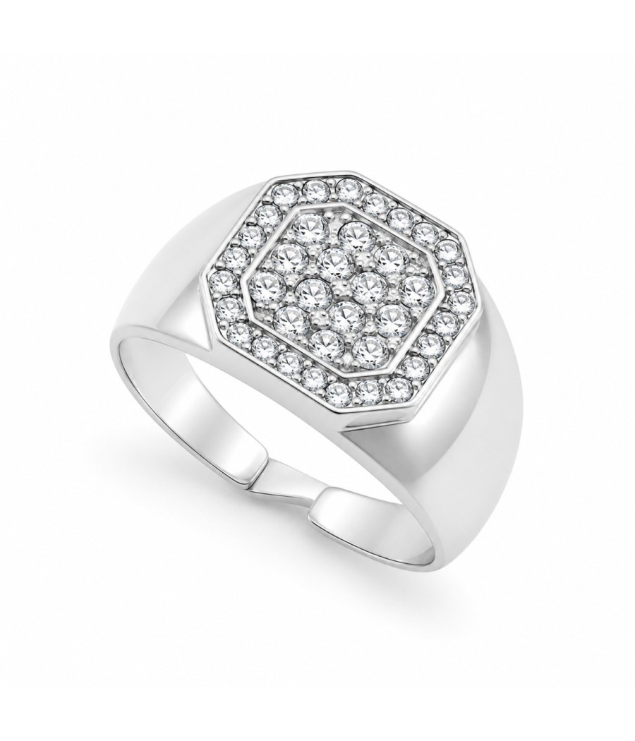 Sterling Silver 925 chevalier ring with geometric princes head and natural white zircons
