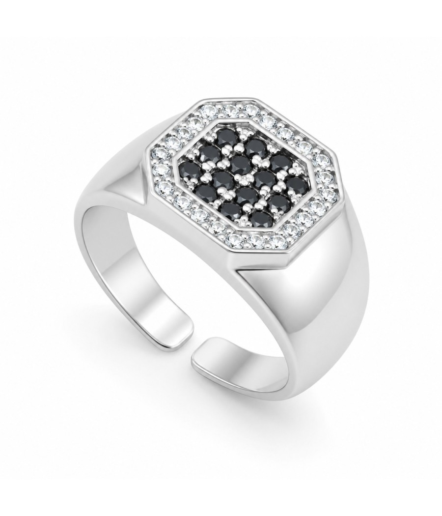 Sterling Silver 925 chevalier ring with geometric princes head and black white zircons