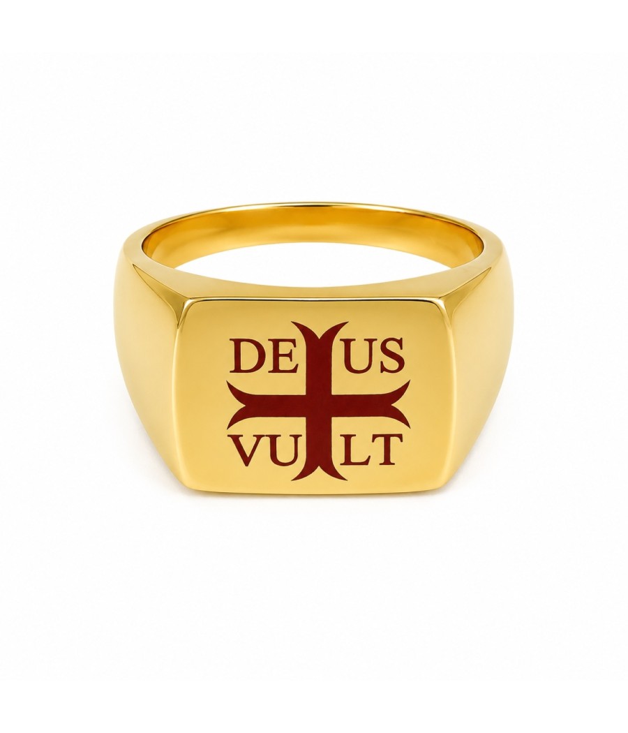 Gold plated Sterling Silver 925 ring with red enamel cross and DEUS VULT inscription