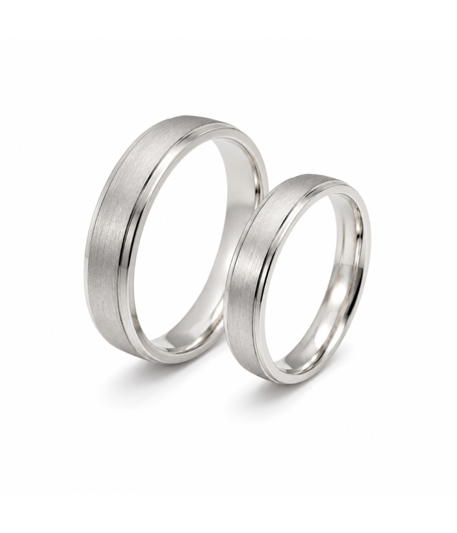 14K white gold wedding bands with matte sandblasted finish and polished grooves
