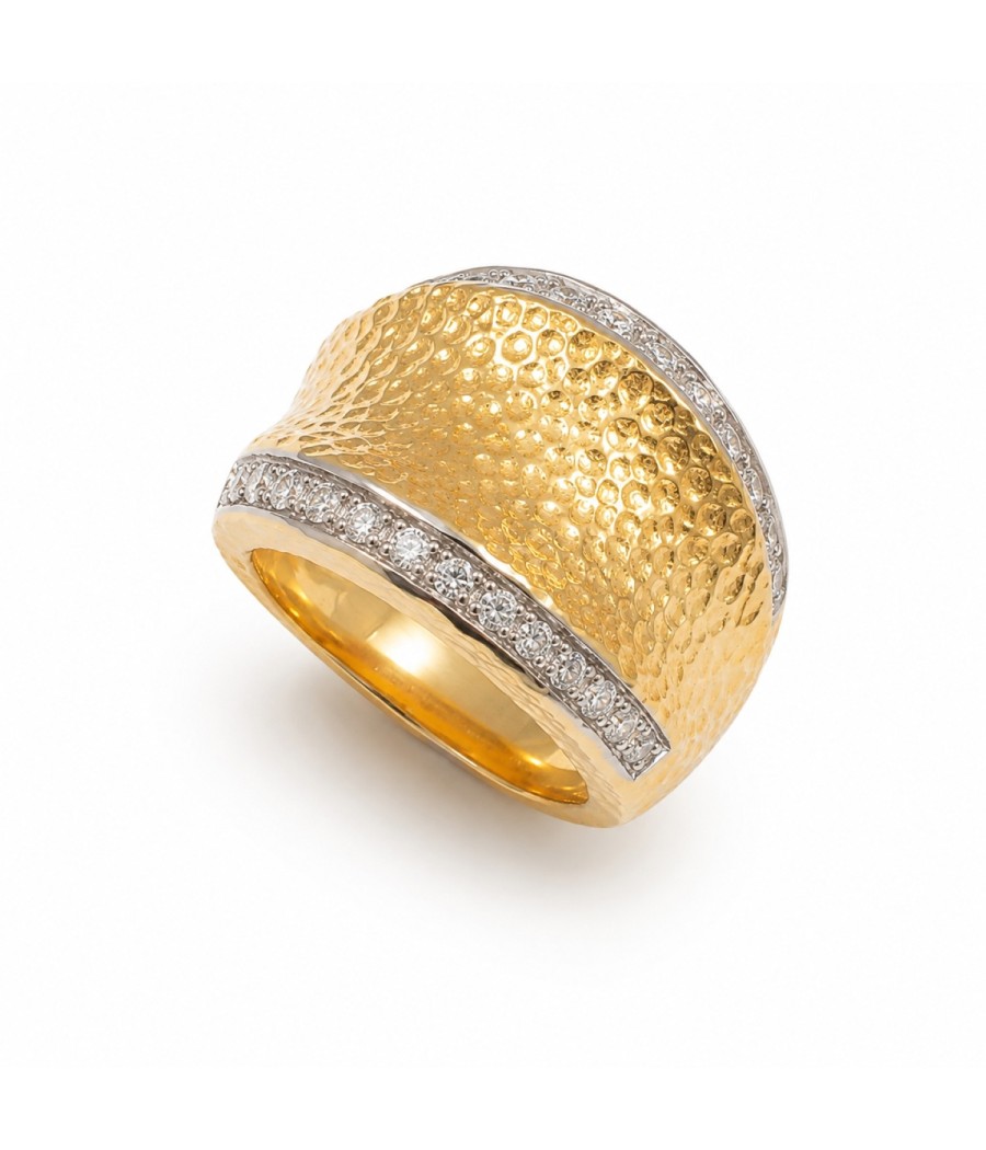Gold-Plated Hammered Sterling Silver Ring with White Zirconia