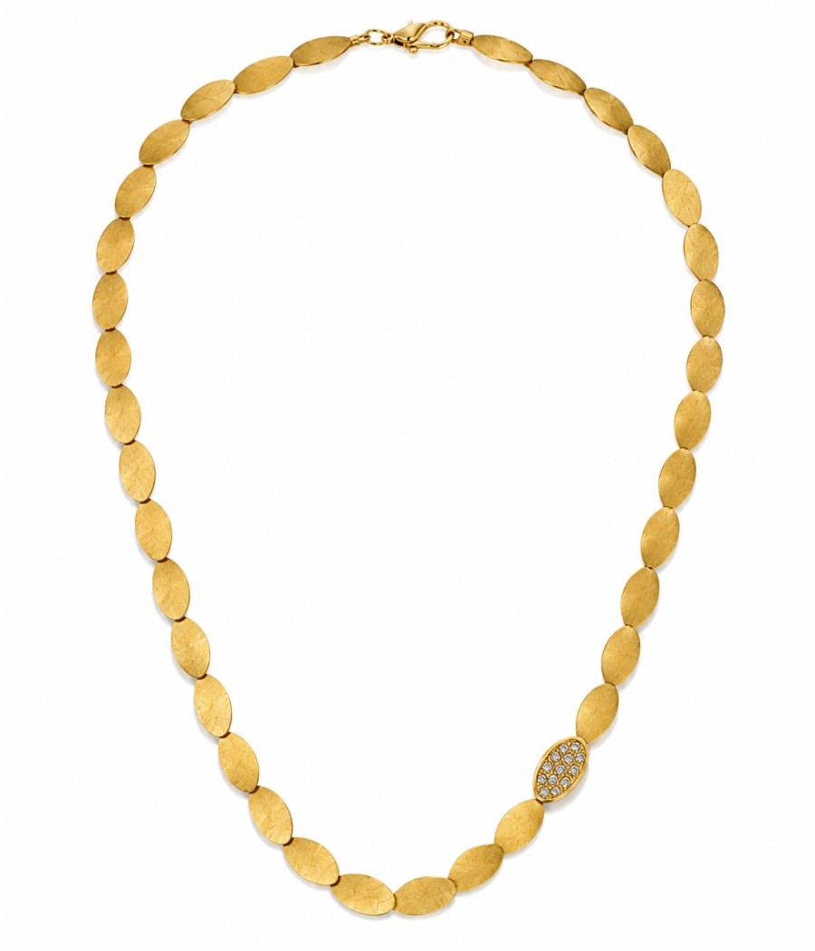 Handmade 14K satin gold leaf necklace with natural white zircon stones