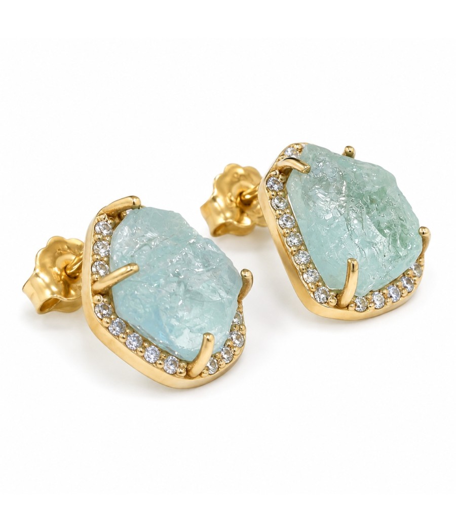 14K gold earrings with natural Aquamarine and white zircon stones