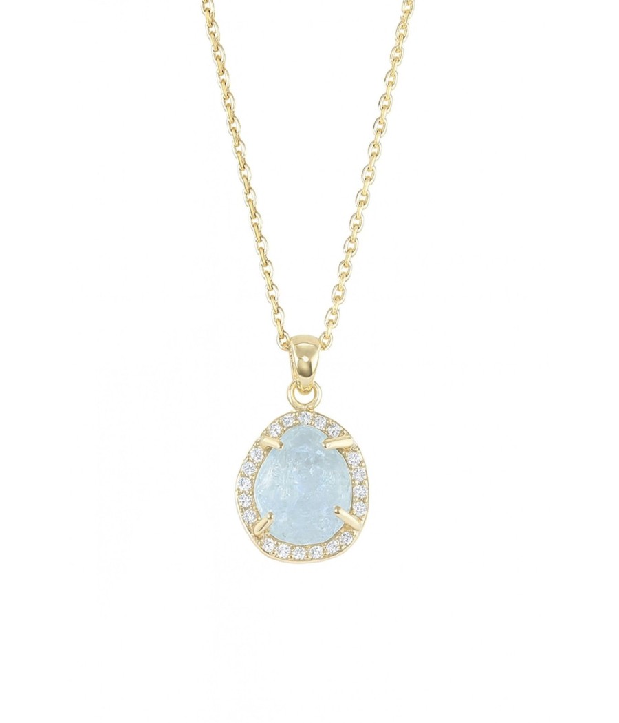 14K Gold Necklace with Natural Aquamarine & White Zircon
