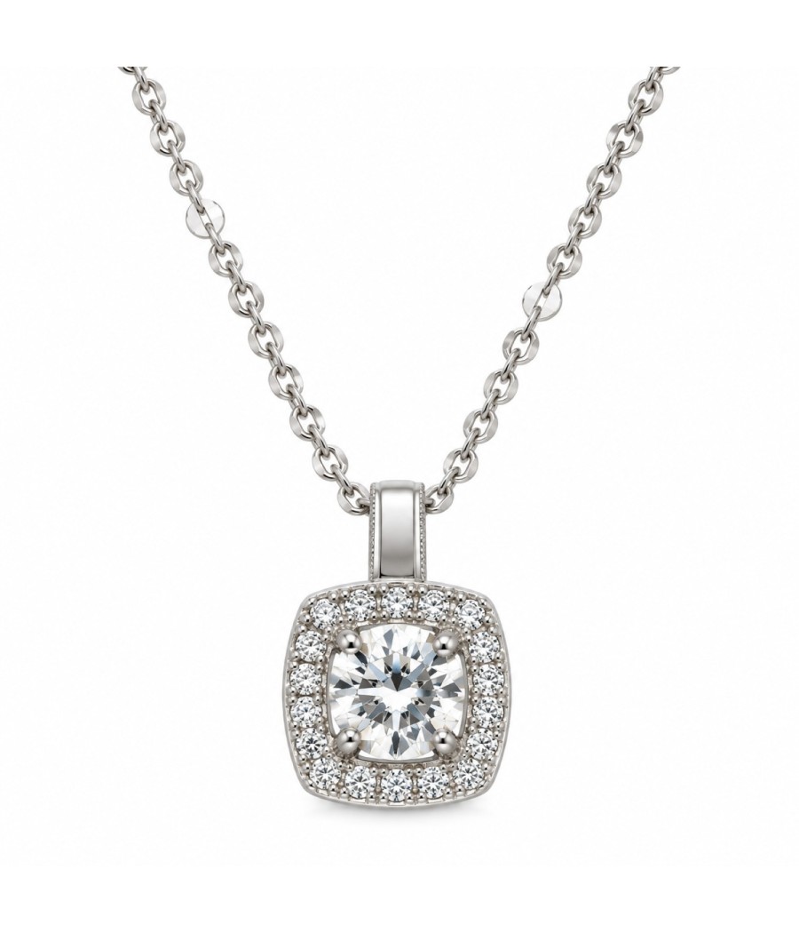 14K White Gold Square Rosette Necklace with Natural Zircon