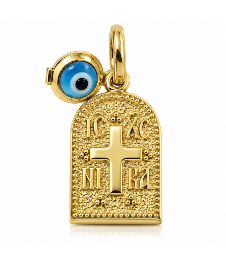 9K gold Constantinato pendant with embossed Cross and blue evil eye charm