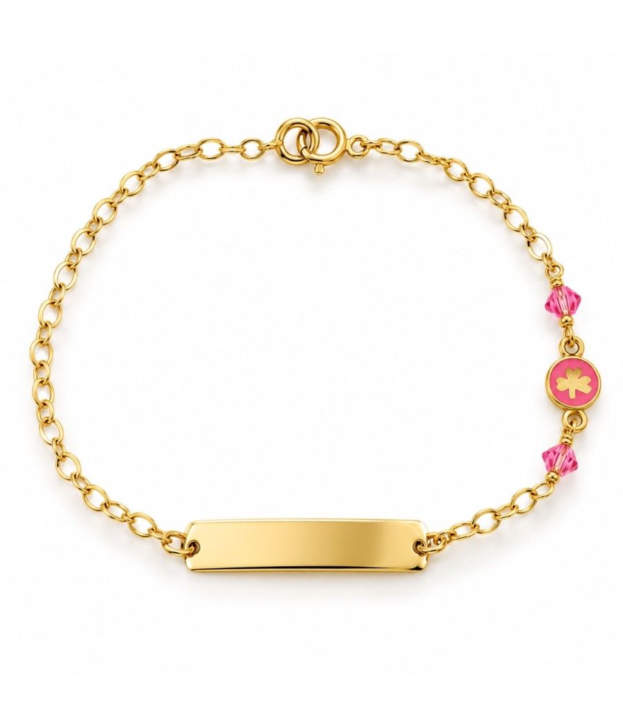 9K gold children's ID bracelet with pink Quartz stones