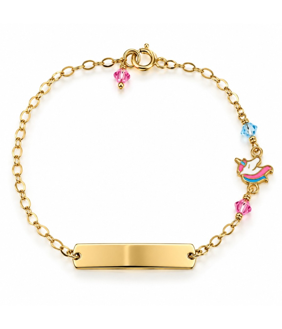 9K gold children's ID bracelet with multicolour Quartz and enamel unicorn
