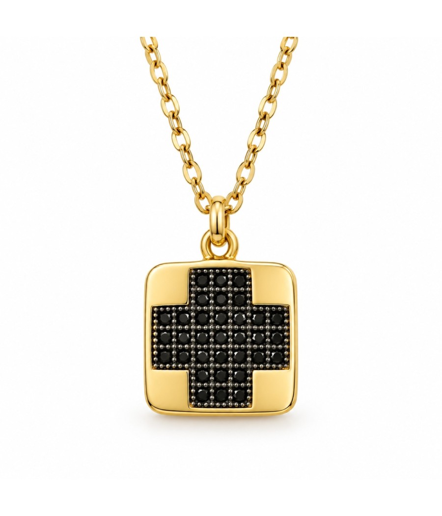 Gold-Plated 925 Silver Cross Necklace with Black Zircon