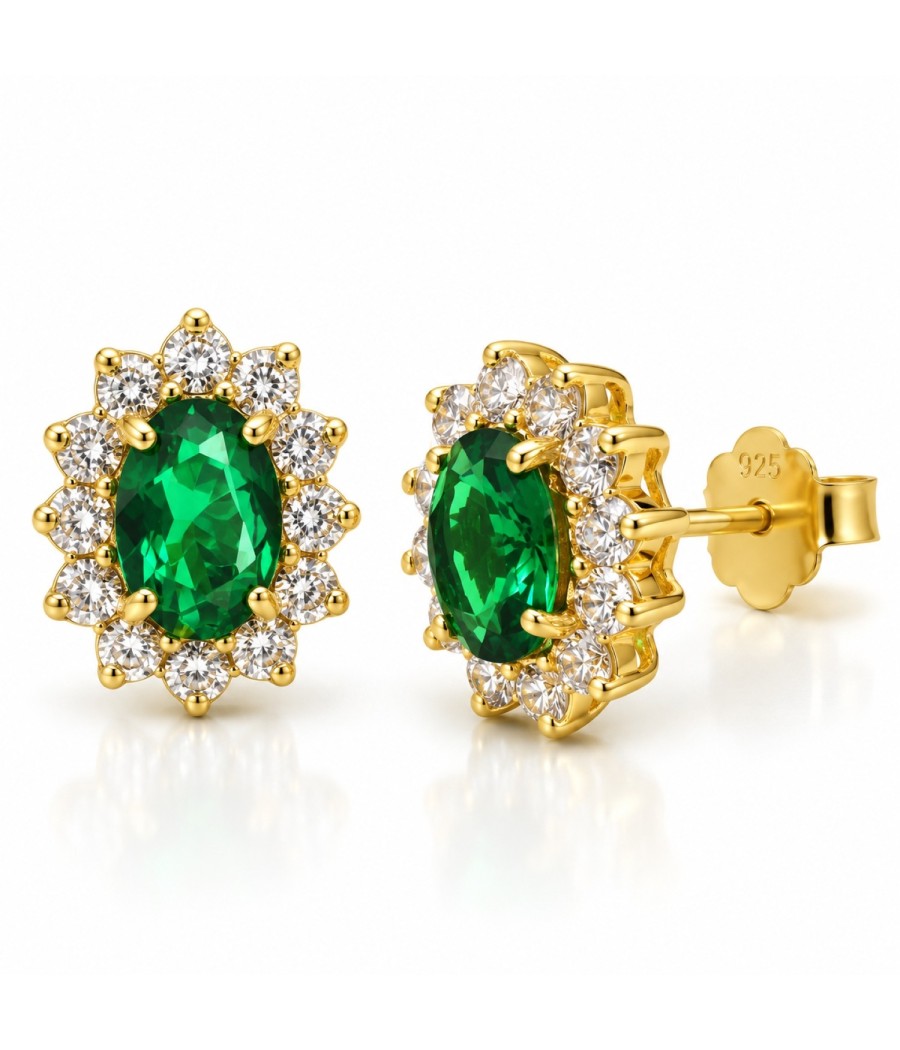 Gold-Plated 925 Silver Oval Rosette Earrings with Green Zircon