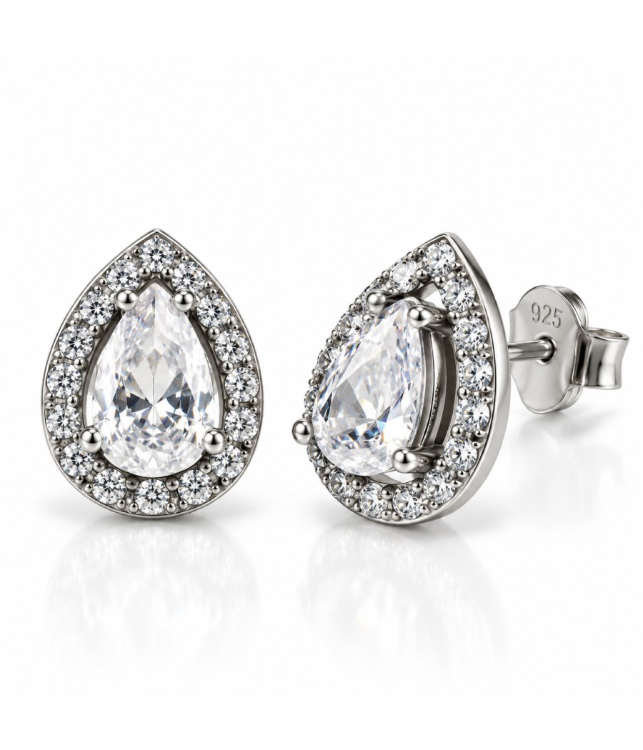 925 silver teardrop rosette earrings with natural white zircon stones
