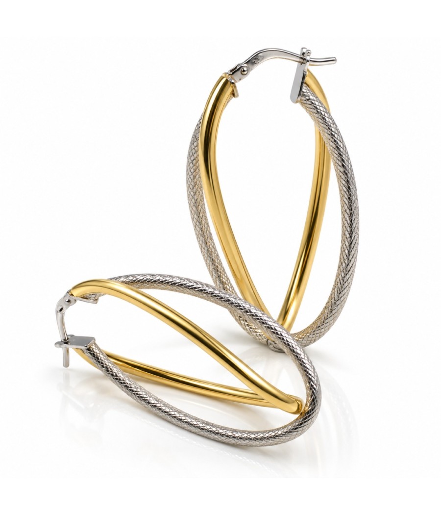 925 silver oval hoop earrings with gold-plated textured details 45mm