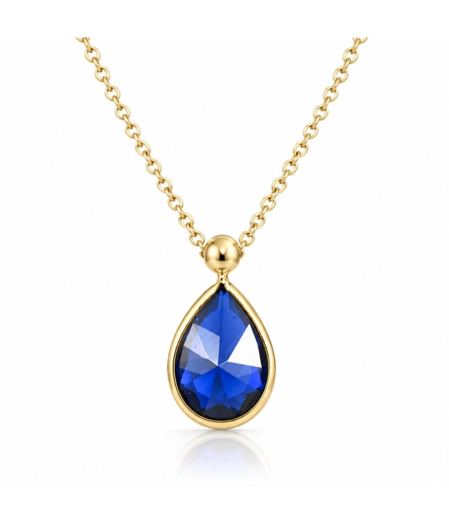 14K gold teardrop necklace with natural sapphire blue zircon