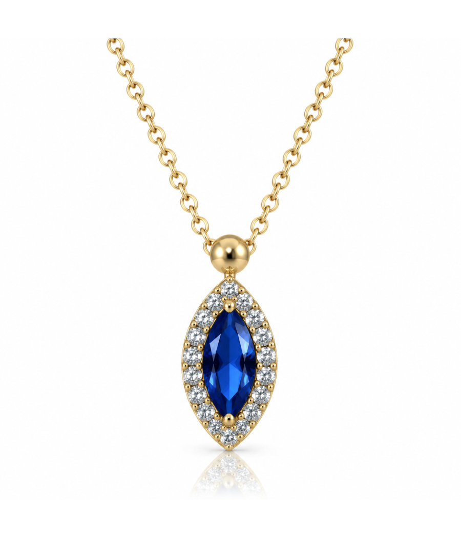 14K gold necklace with oval rosette and natural blue and white zircon stones
