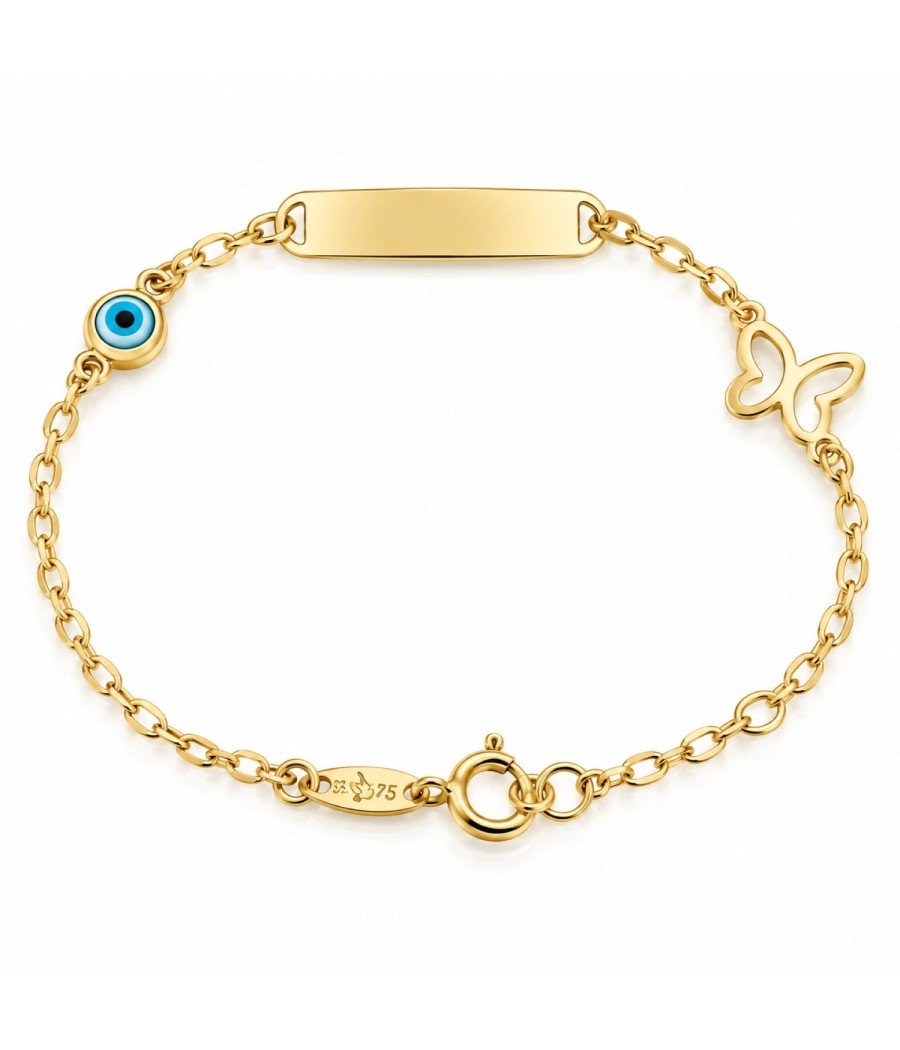 9K gold children's ID bracelet with evil eye and butterfly 15cm