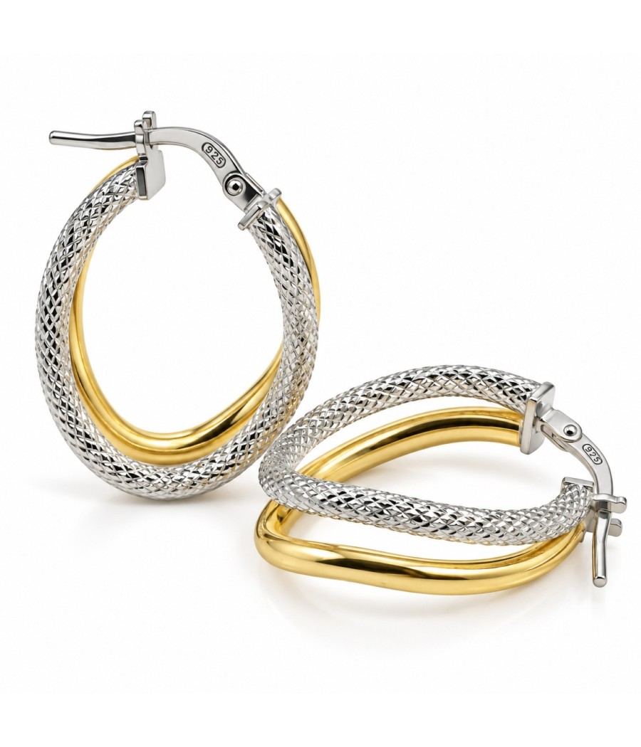 Sterling Silver 925 Two-Tone Oval Hoop Earrings 24x18mm