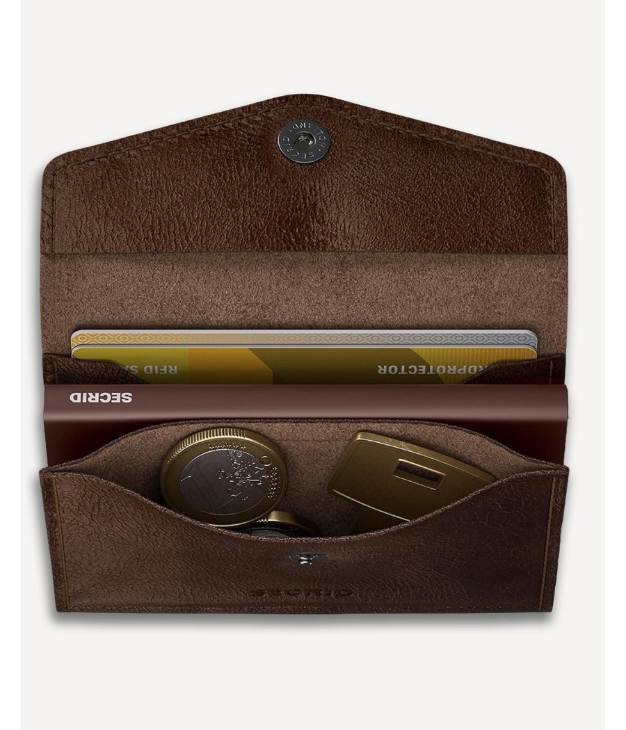 Open Secrid Envelope Wallet Vintage Chocolate with brown Cardprotector and a compartment holding coins and a key