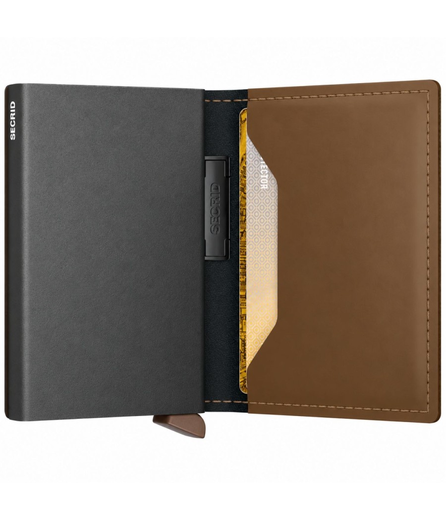 Open Secrid Bandwallet Matte Toffee showing the aluminium Cardprotector and leather card pocket