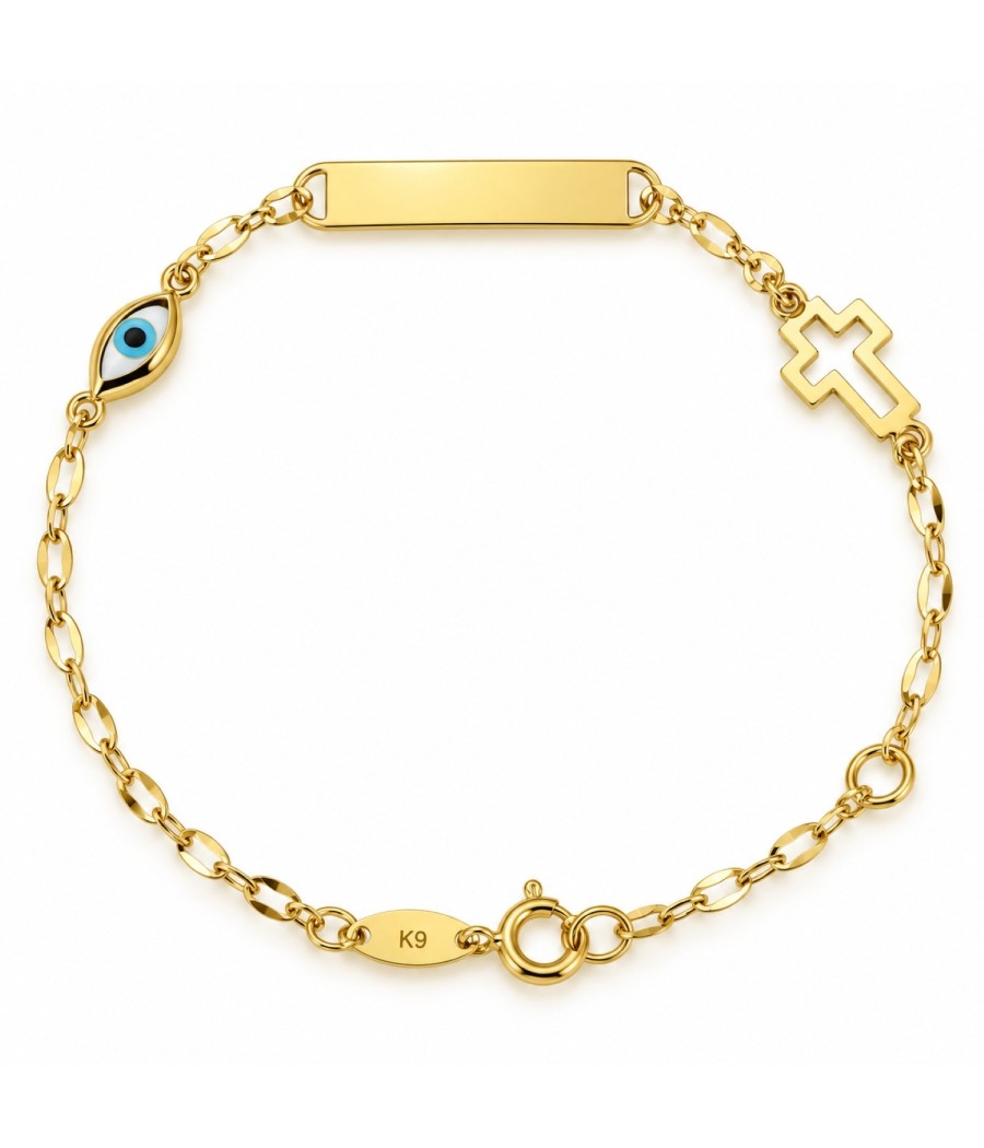 Product Name: 9K Gold Baby ID Bracelet with Cross & Evil Eye – 15cm
