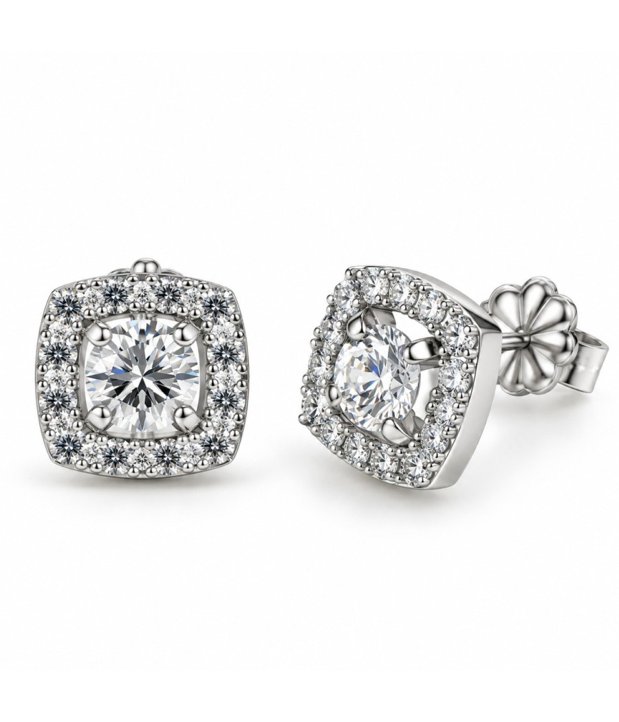 14K white gold cushion halo stud earrings with natural white zircon gemstones